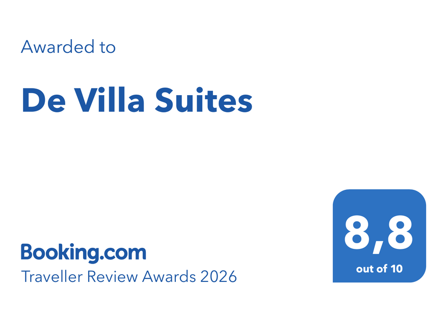 Official Booking.com Traveller Review Awards 2026 certificate — De Villa Suites, 8.8 out of 10
